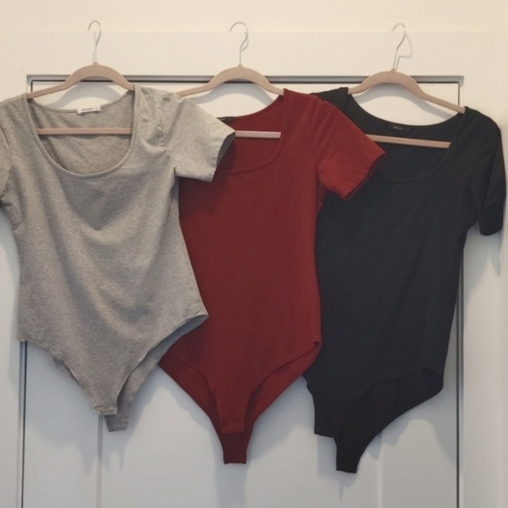 Set of Three Bodysuits in Gray, Red, and Black